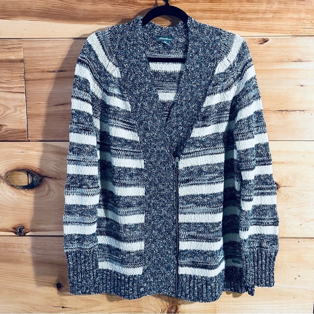Eddie Bauer Blue & White Knit Zip Cardi Sweater Coastal Nautical Cabincore